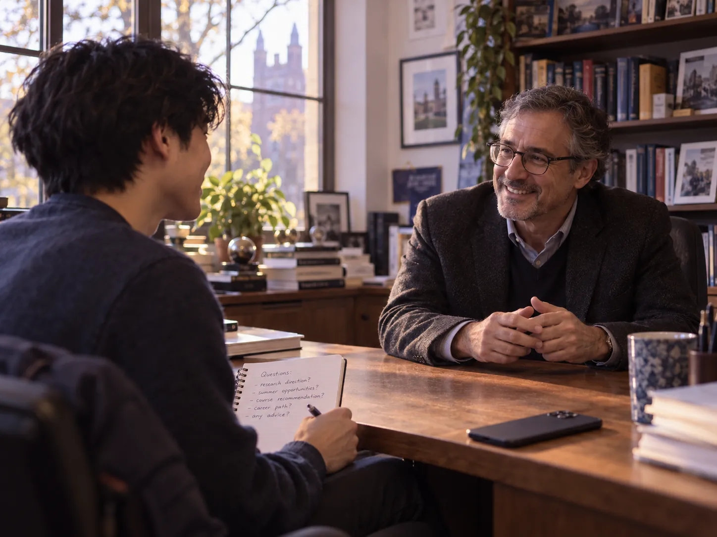 A student brings a written question list to a professor during office hours